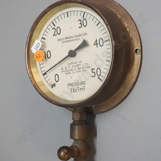 brass cased pressure gauge - marked Eagle & Wrights Gauges Ltd. and A& T Burt H-220 dial D-125