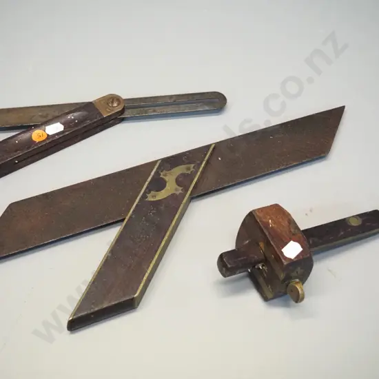 3 vintage timber and brass woodworking tools - mitre square L410, folding square, marker gauge marked "S.A. Moore"