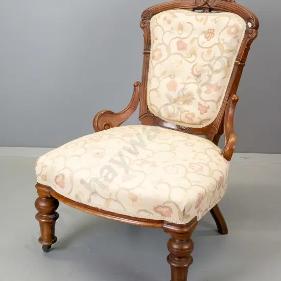 Victorian mahogany carved frame lady's chair with damask fabric - has had top carved detail removed, some damage to