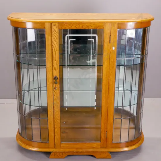 deco oak china cabinet with half-round ends, etched centre door & leadlight side panels, mirrored back, with key