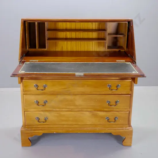 traditional style drop-front writing desk with 4 drawers, brass handles, pigeonholes & tooled leather inset - polish