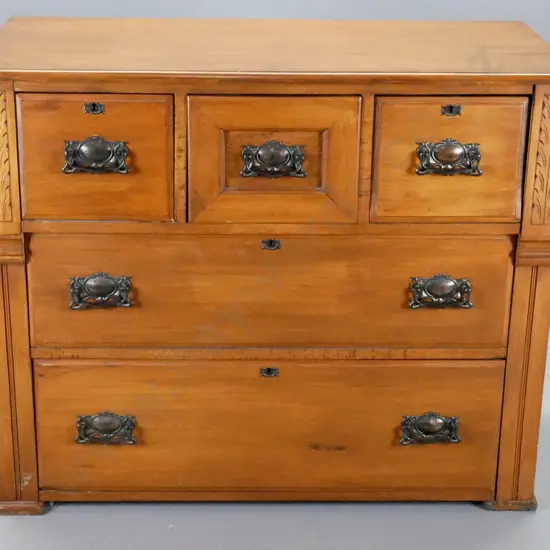 vintage kauri 5-drawer chest with deco drop handles, key escutcheons, carved detail. splits to joints on top and one end