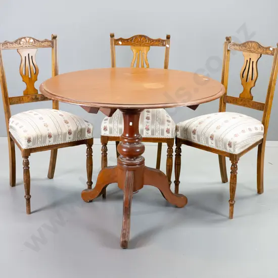 vintage kauri fixed-top converted loo table with 3 Edwardian dining chairs. Crack in top and polish needs attention on