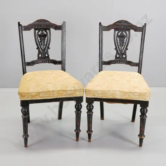 pair of Edwardian dark-stained timber dining chairs w/gold patterned brocade - marks to polish & fabric H880 W460 D420