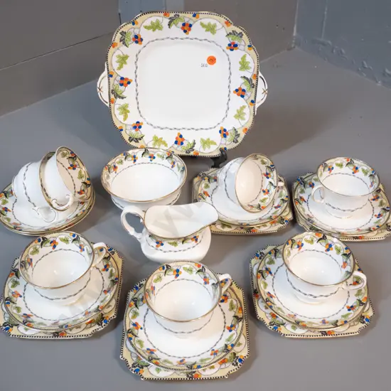 Aynsley hand painted fruit pattern tea set - 5 trios, 2 cups & saucers, cake plate, cream & sugar