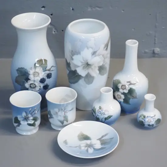 Royal Copenhagen blossom pattern items - 7 vases, largest is H-180, and a pin dish