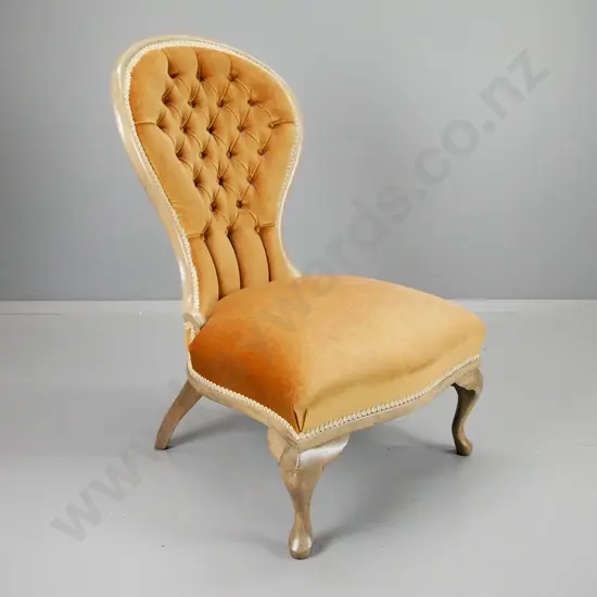 reproduction mahogany framed lady's chair, covered in gold velvet with beep button back - fading to polish H-880 W-550