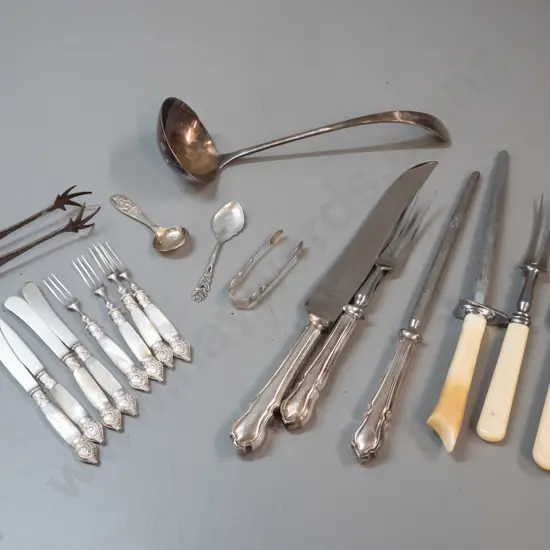 assorted cutlery and serving ware - sterling silver spoon and sugar tongs, 2 carving sets, one with bone handles,