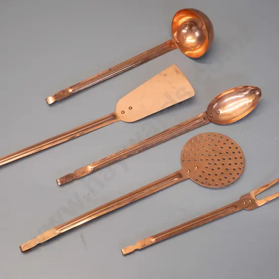set of 5 copper cooking utensils - marked ODI Korea, minor patches of discolouration or tarnish, spatula is L-390