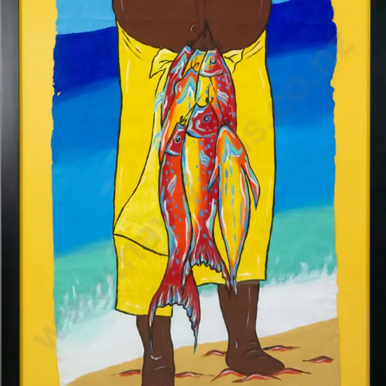 Voni - framed acrylic on tapa - fisherman H-1260 W-700