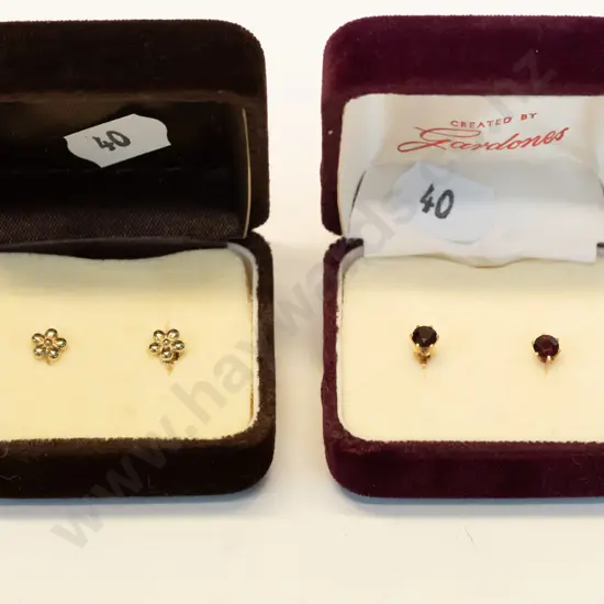 garnet stud earrings & gold stud earrings both stamped 375