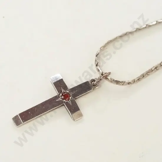 silver cross necklace with garnet  stamped stg sil