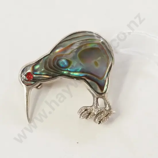 silver paua shell kiwi brooch stamped silver