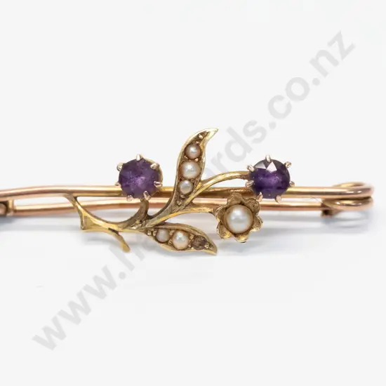 amethyst & seed pearl bar brooch