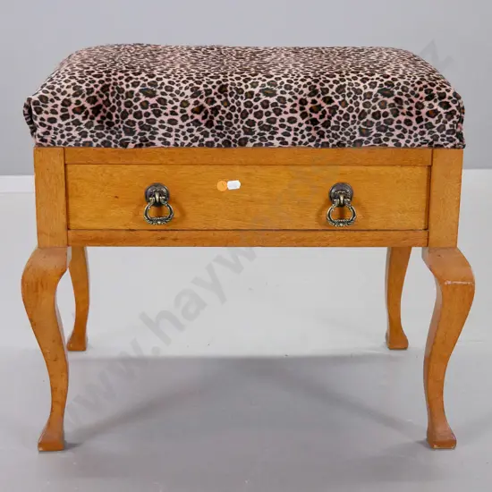 deco oak  stool with single drawer and faux leopard skin upholstered top, Nee's Dunedin label H520 W600 D390