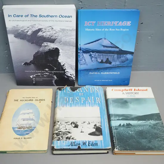 5 New Zealand books - Auckland & Campbell Islands, subantarctic subjects, 'Icy Heritage' signed by author