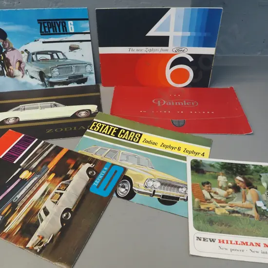 assorted vintage automotive brochures - Ford Zephyr, Daimler 2.5 V8, Hillman Minx Deluxe