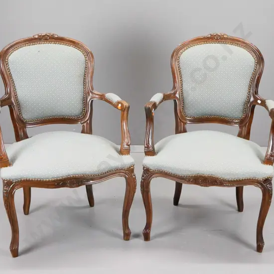 pair of vintage carved oak Louis style occasional chairs covered in diamond pattern damask H870 W580 D510