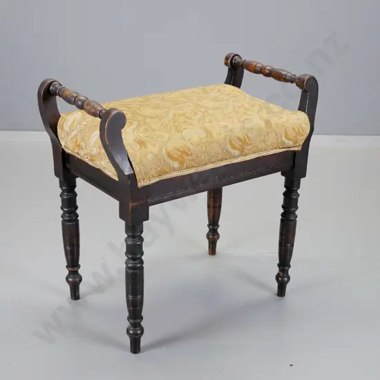 Edwardian dark-stained timber piano stool with handles, gold patterned brocade H610 W610 D370