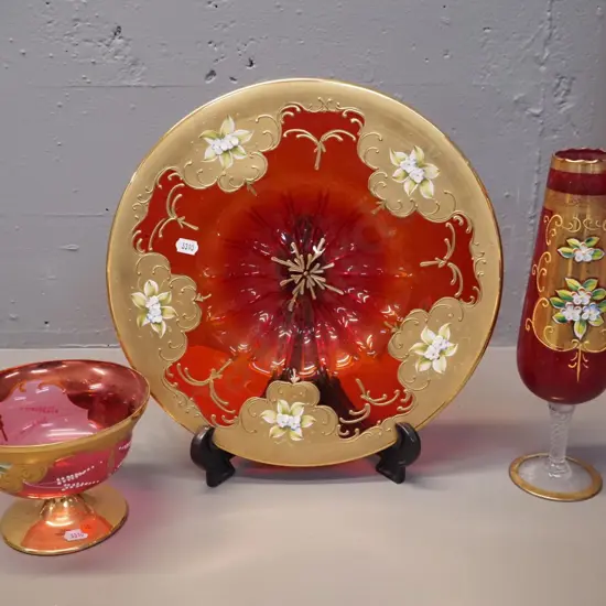 3 pieces of red Venetian glass - large platter D-320, footed vase H-280 and a comport