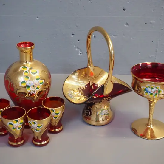 7 pieces of red Venetian glass - basket H-220, goblet, small decanter and 4 matching small glasses