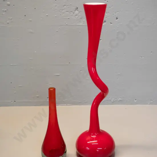 2 red art glass vases - tall twisted design with clear base, white lining H-400 other is clear base bud vase