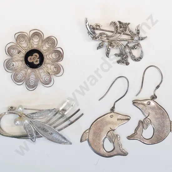 pair of silver dolphin earings stamped 925 & 3 costume brooches