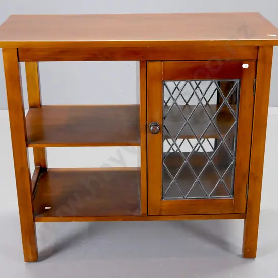 recycled kauri small display cabinet with diamond pane leadlight panels on 2 sides, internal shelf, 2 open shelves