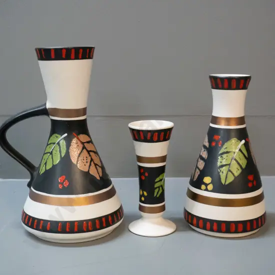 3 German pottery vases in same leaf pattern - one is handled H-215 W-150