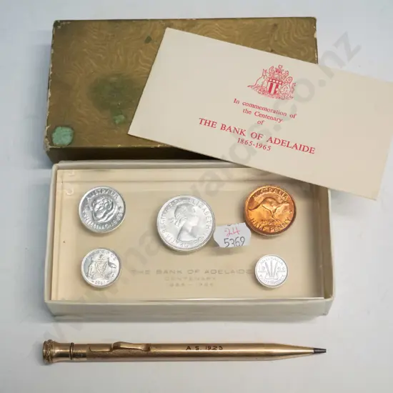cased 'The bank of Adelaide' centenary 1865-1965 coin set & gold coloured pen stamped AS 1925