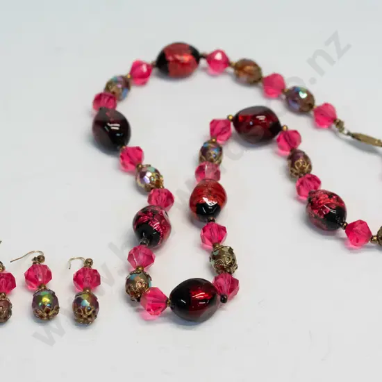 red/pink beaded necklace with matching earrings [& spare earring]