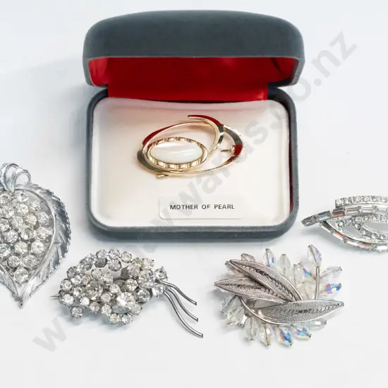 mother of pearl brooch & 4 costume brooches