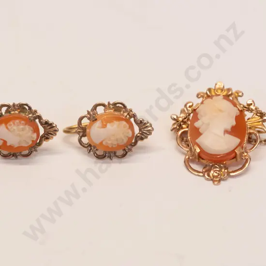cameo brooch with safety chain & pair of cameo earrings [screw on] all stamped 9ct
