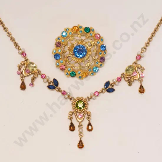 multi coloured crystal necklace & brooch