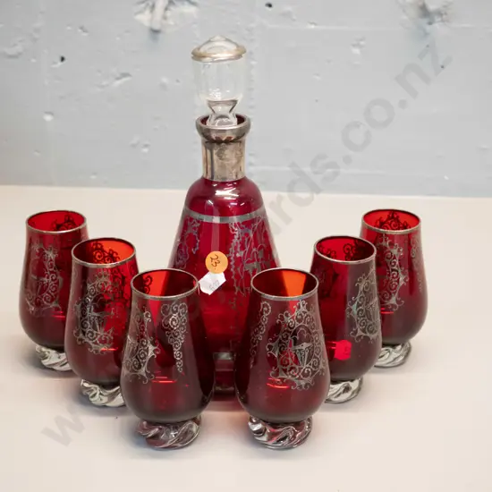 Venetian style ruby glass 7-piece stoppered decanter set with silvered decoration - decanter is H-230