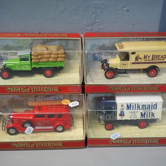 4 Matchbox Models of Yesteryear die-cast vehicles w/original boxes - 3 delivery vans and a fire vehicle