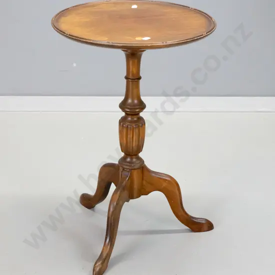 reproduction mahogany wine table with carved column base, some fading to polish H-500 Diameter 330