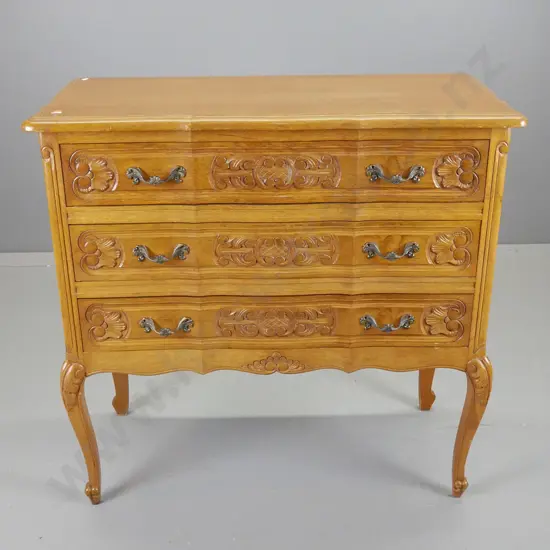 vintage French oak 3-drawer chest with carved drawers fronts & legs - polish needs a little work H-810 W-830 D-390