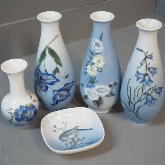5 Royal Copenhagen blossom pattern items - 4 floral vases, taller are H-190 and a small bird motif dish