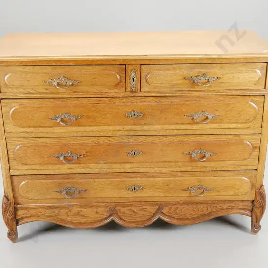 vintage French oak 5-drawer chest w/ brass filigree handles, key escutcheons, no key H-870 W-1200 D-530