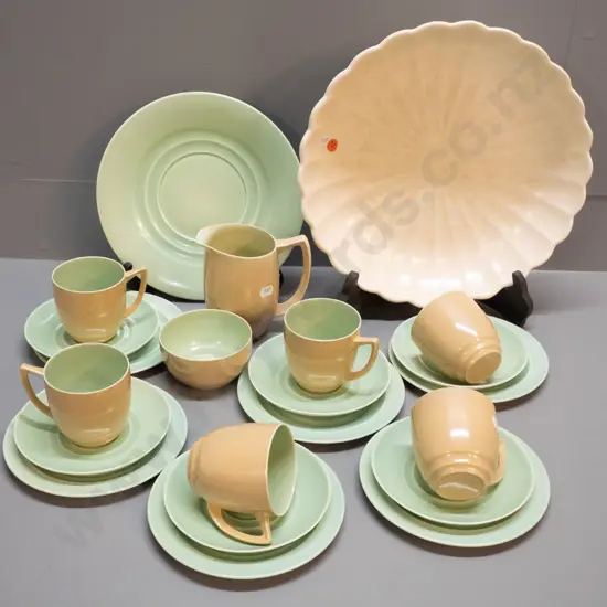 Branksome 21-piece tea set - green and gold plain glaze - and a large Shorter & Sons stipple-glaze bowl