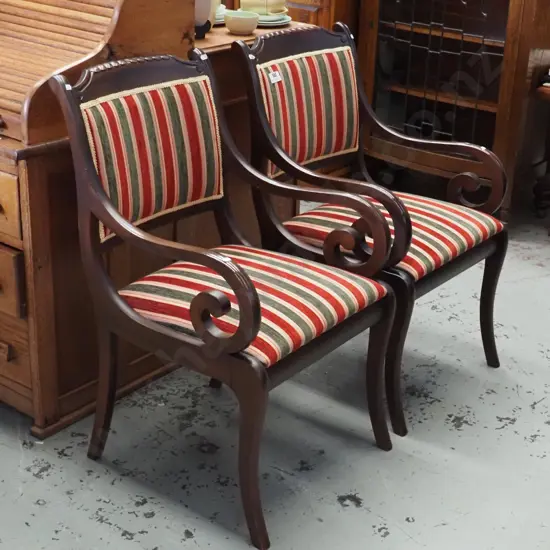 pair of reproduction mahogany bentwood armchairs with brocade and striped upholstery H-900 W-520 D-500