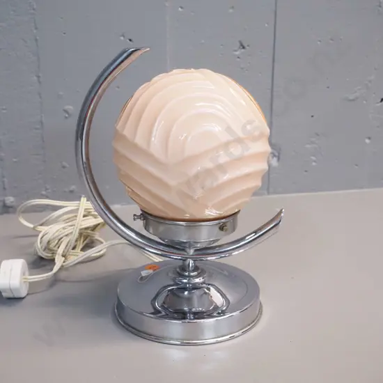 deco chrome table lamp with peach coloured ribbed pattern globe shade H-240 Shade D-130