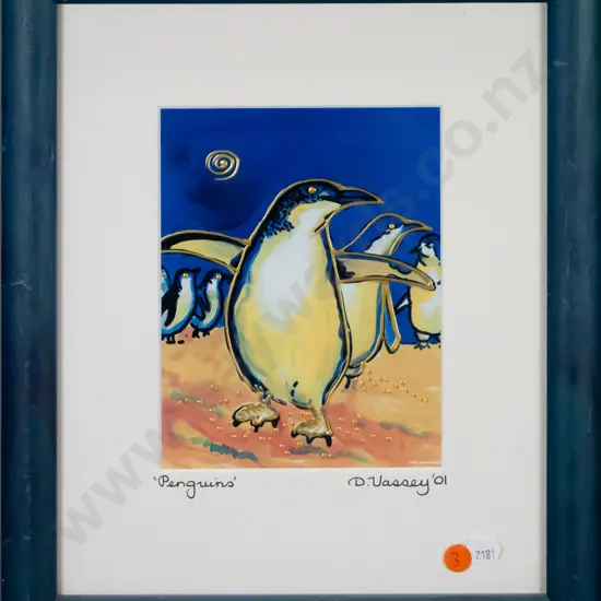 D Vassey '01 - framed mixed media - penguins H-170 W-140