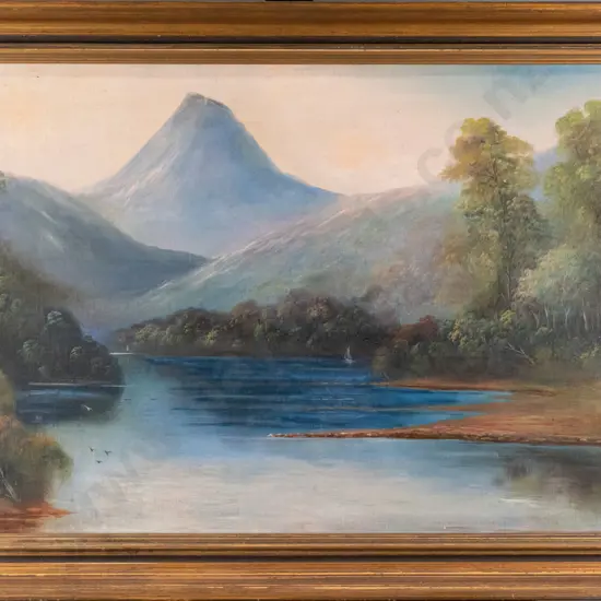 illegible signature - framed colonial oil - lake and mountain scene H-440 W-690