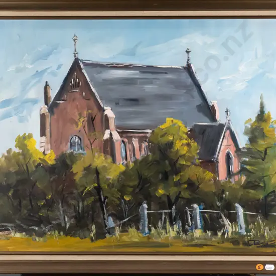 Ramon Shields - framed oil - church H-440 W-590 (framing needs attention)