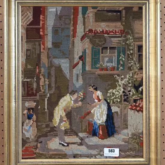 framed needlework - courting scene H-490 W-390
