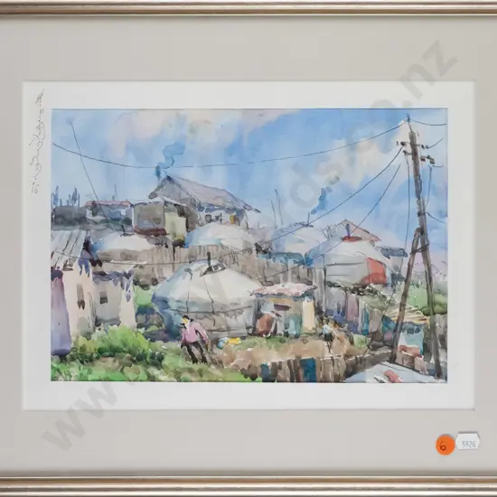 framed watercolour - village scene H-200 W-290 (slight warping)