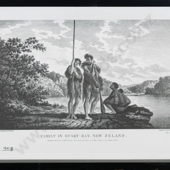 framed historic W Hodges print - Family in Dusky Bay, New Zealand  H-210 W-340