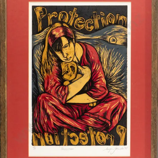 Megan Johnston '92 - framed woodblock print W/P "Protection" H-300 W-210